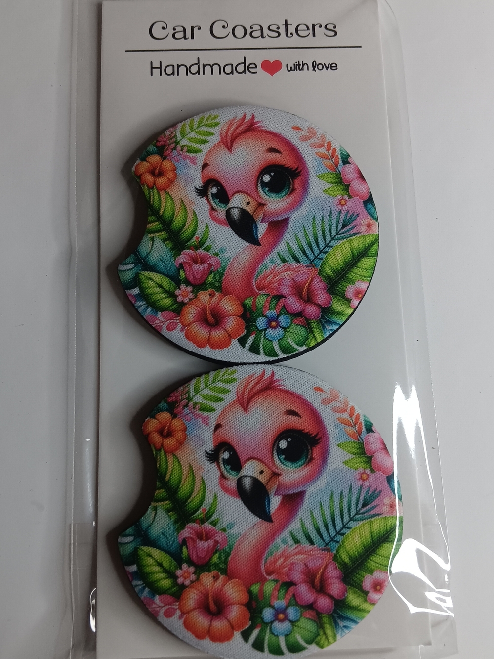 Cute Pink Flamingo Floral Car Coaster 2 Pk